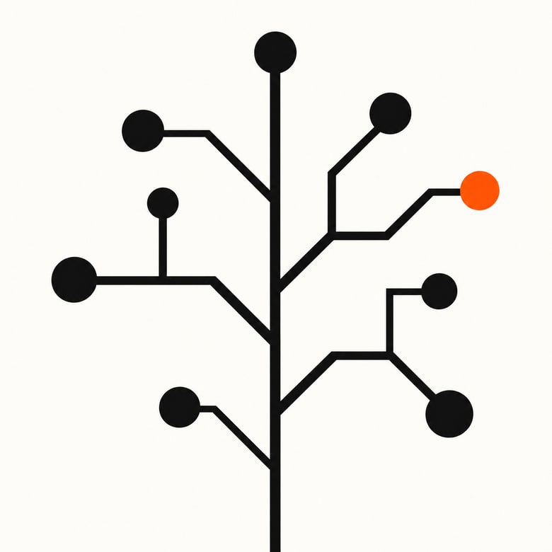 An abstract tree with branches radiating from a center — an original ToL illustration representing the genealogy of "why does language change"