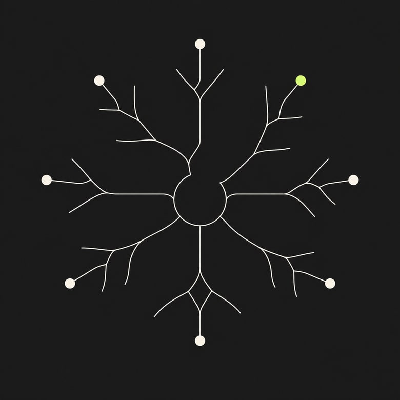 An abstract tree with nine branches radiating from a center — an original ToL illustration representing the genealogy of "what is language"