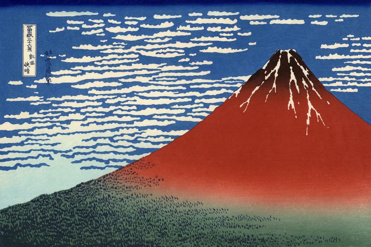 Hokusai, 'Fine Wind, Clear Morning' (Thirty-six Views of Mount Fuji): Mount Fuji reduced to flat planes and outline